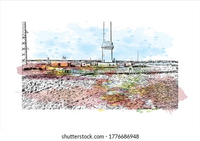 Building view with landmark of Aberdeen is a port city in northeast Scotland, where the Dee and Don rivers meet the North Sea. Watercolor splash with hand drawn sketch illustration in vector.