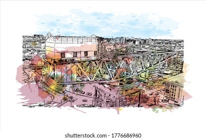 Building view with landmark of Aberdeen is a port city in northeast Scotland, where the Dee and Don rivers meet the North Sea. Watercolor splash with hand drawn sketch illustration in vector.