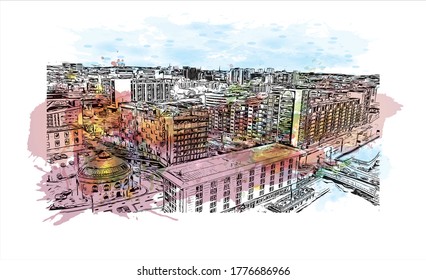 Building view with landmark of Aberdeen is a port city in northeast Scotland, where the Dee and Don rivers meet the North Sea. Watercolor splash with hand drawn sketch illustration in vector.
