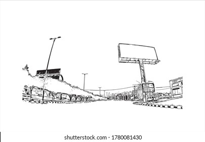 Building view with landmark of Abha is the capital city of Aseer Province near the Red Sea in southwest Saudi Arabia Hand drawn sketch illustration in vector.