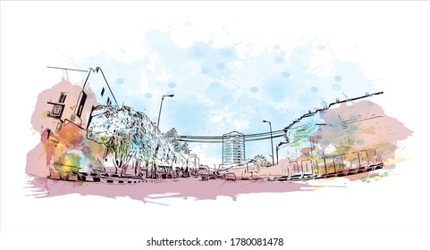 Building view with landmark of Abha is the capital city of Aseer Province near the Red Sea in southwest Saudi Arabia. Watercolor splash with hand  drawn sketch illustration in vector.