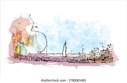 Building view with landmark of Abha is the capital city of Aseer Province near the Red Sea in southwest Saudi Arabia. Watercolor splash with hand  drawn sketch illustration in vector.