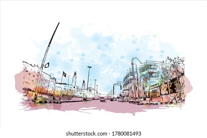 Building view with landmark of Abha is the capital city of Aseer Province near the Red Sea in southwest Saudi Arabia. Watercolor splash with hand  drawn sketch illustration in vector.