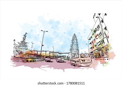 Building view with landmark of Abha is the capital city of Aseer Province near the Red Sea in southwest Saudi Arabia. Watercolor splash with hand  drawn sketch illustration in vector.