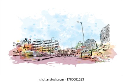 Building View With Landmark Of Abha Is The Capital City Of Aseer Province Near The Red Sea In Southwest Saudi Arabia. Watercolor Splash With Hand  Drawn Sketch Illustration In Vector.