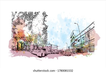 Building view with landmark of Abha is the capital city of Aseer Province near the Red Sea in southwest Saudi Arabia. Watercolor splash with hand  drawn sketch illustration in vector.