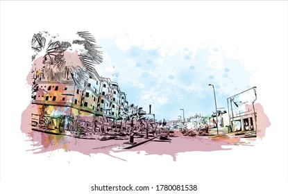 Building View With Landmark Of Abha Is The Capital City Of Aseer Province Near The Red Sea In Southwest Saudi Arabia. Watercolor Splash With Hand  Drawn Sketch Illustration In Vector.