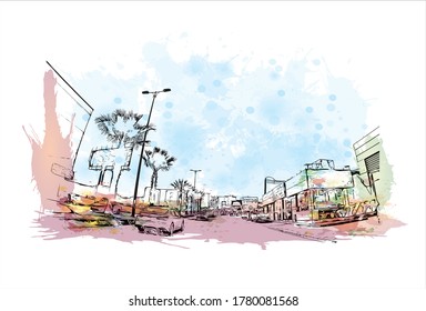 Building view with landmark of Abha is the capital city of Aseer Province near the Red Sea in southwest Saudi Arabia. Watercolor splash with hand  drawn sketch illustration in vector.