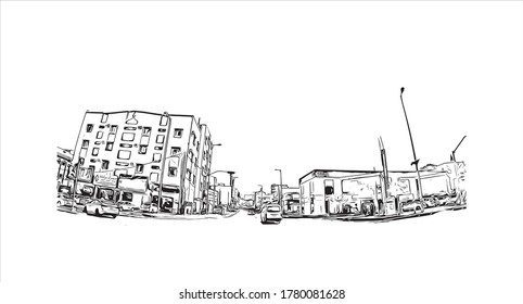 Building view with landmark of Abha is the capital city of Aseer Province near the Red Sea in southwest Saudi Arabia Hand drawn sketch illustration in vector.