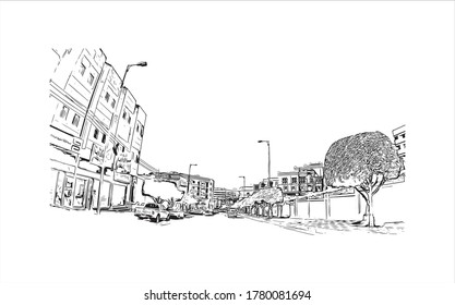 Building view with landmark of Abha is the capital city of Aseer Province near the Red Sea in southwest Saudi Arabia Hand drawn sketch illustration in vector.