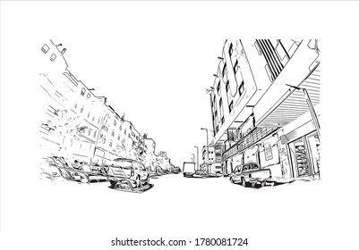Building view with landmark of Abha is the capital city of Aseer Province near the Red Sea in southwest Saudi Arabia Hand drawn sketch illustration in vector.
