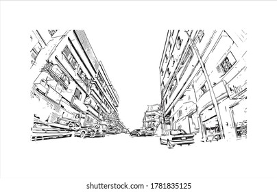 Building view with landmark of Abha is the capital of Asir province in Saudi Arabia. Hand drawn sketch illustration in vector.