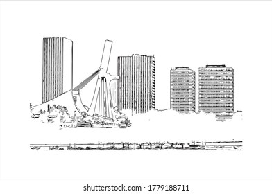 Building view with landmark of Abidjan is a city on the southern Atlantic coast of Cote d'Ivoire, in West Africa. Hand drawn sketch illustration in vector.