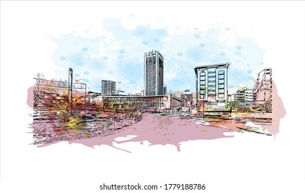 Building view with landmark of Abidjan is a city on the southern Atlantic coast of Cote d'Ivoire, in West Africa. Watercolor splash with hand drawn sketch illustration in vector.