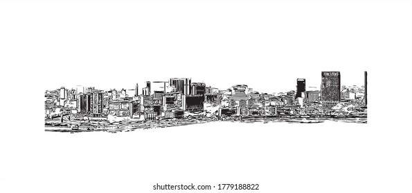 Building view with landmark of Abidjan is a city on the southern Atlantic coast of Cote d'Ivoire, in West Africa. Hand drawn sketch illustration in vector.