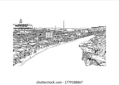 Building view with landmark of Abidjan is a city on the southern Atlantic coast of Cote d'Ivoire, in West Africa. Hand drawn sketch illustration in vector.