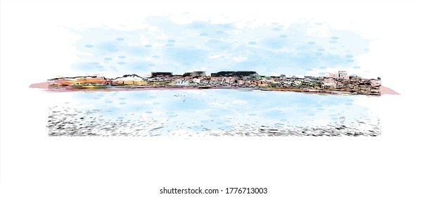 Building view with landmark of Abiko is a city located in Chiba Prefecture, Japan. Watercolor splash with hand drawn sketch illustration in vector.