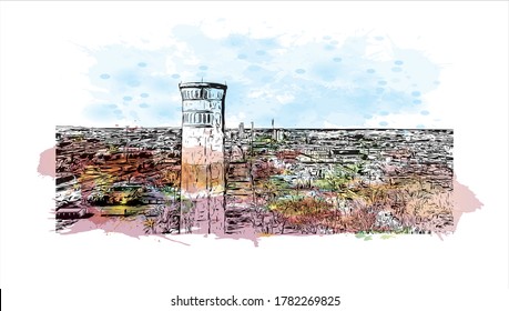 Building view with landmark of Abilene is a city in Taylor and Jones counties in Texas, United States.Watercolor splash with   hand drawn sketch illustration in vector.