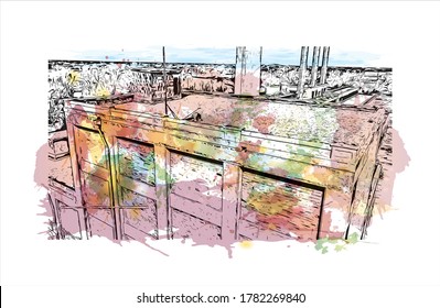 Building view with landmark of Abilene is a city in Taylor and Jones counties in Texas, United States.Watercolor splash with   hand drawn sketch illustration in vector.