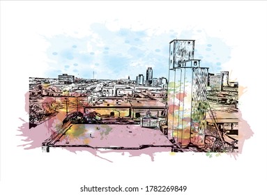 Building view with landmark of Abilene is a city in Taylor and Jones counties in Texas, United States.Watercolor splash with   hand drawn sketch illustration in vector.