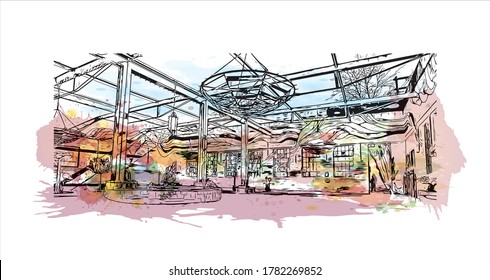 Building view with landmark of Abilene is a city in Taylor and Jones counties in Texas, United States.Watercolor splash with   hand drawn sketch illustration in vector.