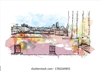 Building view with landmark of Abilene is a city in Taylor and Jones counties in Texas, United States.Watercolor splash with   hand drawn sketch illustration in vector.