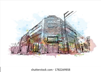 Building view with landmark of Abilene is a city in Taylor and Jones counties in Texas, United States.Watercolor splash with   hand drawn sketch illustration in vector.