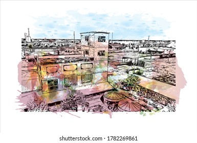 Building view with landmark of Abilene is a city in Taylor and Jones counties in Texas, United States.Watercolor splash with   hand drawn sketch illustration in vector.