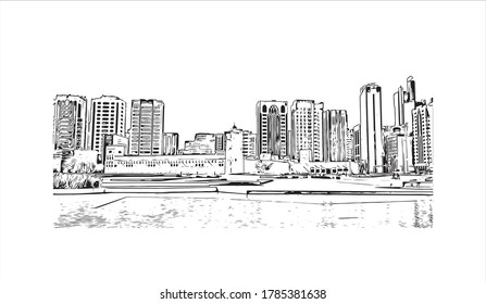 Vista de edificios con un punto de referencia de Abu Dhabi, la capital de los Emiratos Árabes Unidos. Dibujo a mano de ilustración de esbozo en vector.