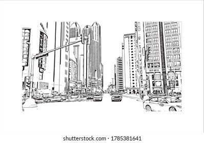 Vista de edificios con un punto de referencia de Abu Dhabi, la capital de los Emiratos Árabes Unidos. Dibujo a mano de ilustración de esbozo en vector.