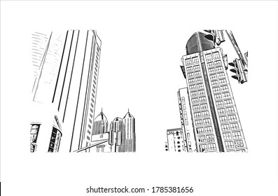 Building view with landmark of Abu Dhabi, the capital of the United Arab Emirates. Hand drawn sketch illustration in vector.