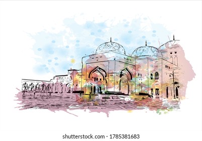 Vista de edificios con un punto de referencia de Abu Dhabi, la capital de los Emiratos Árabes Unidos. Salto de color de agua con ilustración de esbozo dibujada a mano en vector.
