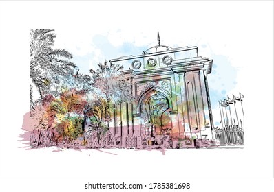 Building view with landmark of Abu Dhabi, the capital of the United Arab Emirates. Watercolor splash with hand drawn sketch illustration in vector.