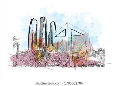 Building view with landmark of Abu Dhabi, the capital of the United Arab Emirates. Watercolor splash with hand drawn sketch illustration in vector.