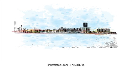 Building view with landmark of Abu Dhabi, the capital of the United Arab Emirates. Watercolor splash with hand drawn sketch illustration in vector.