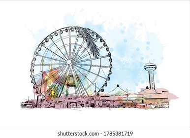 Bausicht mit Wahrzeichen von Abu Dhabi, der Hauptstadt der Vereinigten Arabischen Emirate. Aquarellspritzer mit handgezeichneter Skizzengrafik in Vektorgrafik.