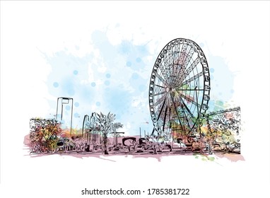 Building view with landmark of Abu Dhabi, the capital of the United Arab Emirates. Watercolor splash with hand drawn sketch illustration in vector.