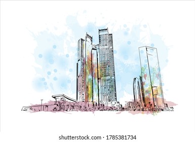 Building view with landmark of Abu Dhabi, the capital of the United Arab Emirates. Watercolor splash with hand drawn sketch illustration in vector.