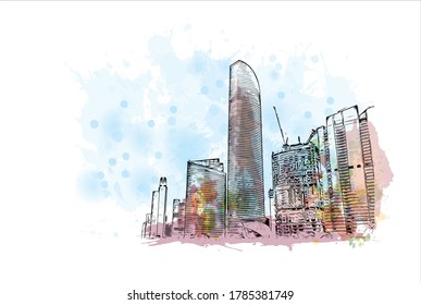 Building view with landmark of Abu Dhabi, the capital of the United Arab Emirates. Watercolor splash with hand drawn sketch illustration in vector.