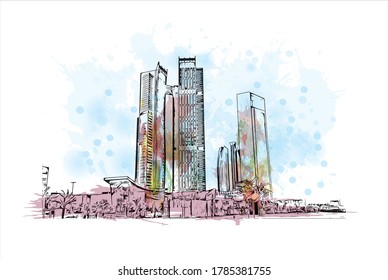 Vista de edificios con un punto de referencia de Abu Dhabi, la capital de los Emiratos Árabes Unidos. Salto de color de agua con ilustración de esbozo dibujada a mano en vector.