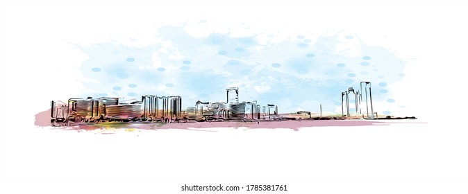 Bausicht mit Wahrzeichen von Abu Dhabi, der Hauptstadt der Vereinigten Arabischen Emirate. Aquarellspritzer mit handgezeichneter Skizzengrafik in Vektorgrafik.