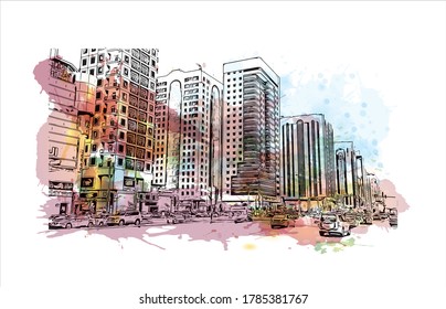Building view with landmark of Abu Dhabi, the capital of the United Arab Emirates. Watercolor splash with hand drawn sketch illustration in vector.