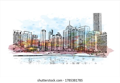 Bausicht mit Wahrzeichen von Abu Dhabi, der Hauptstadt der Vereinigten Arabischen Emirate. Aquarellspritzer mit handgezeichneter Skizzengrafik in Vektorgrafik.