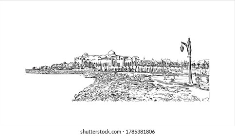 Building view with landmark of Abu Dhabi, the capital of the United Arab Emirates. Hand drawn sketch illustration in vector.