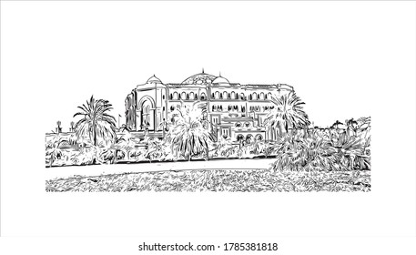 Building view with landmark of Abu Dhabi, the capital of the United Arab Emirates. Hand drawn sketch illustration in vector.