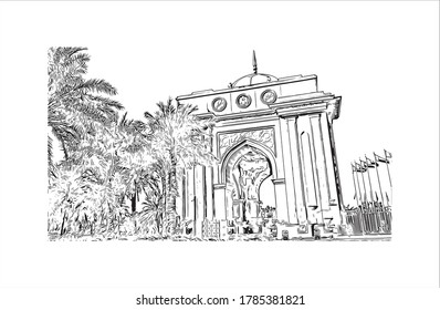 Vista de edificios con un punto de referencia de Abu Dhabi, la capital de los Emiratos Árabes Unidos. Dibujo a mano de ilustración de esbozo en vector.