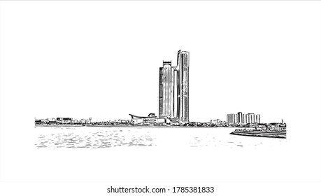 Building view with landmark of Abu Dhabi, the capital of the United Arab Emirates. Hand drawn sketch illustration in vector.