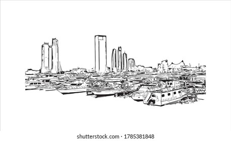Vista de edificios con un punto de referencia de Abu Dhabi, la capital de los Emiratos Árabes Unidos. Dibujo a mano de ilustración de esbozo en vector.