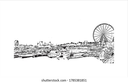 Building view with landmark of Abu Dhabi, the capital of the United Arab Emirates. Hand drawn sketch illustration in vector.