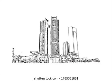 Vista de edificios con un punto de referencia de Abu Dhabi, la capital de los Emiratos Árabes Unidos. Dibujo a mano de ilustración de esbozo en vector.